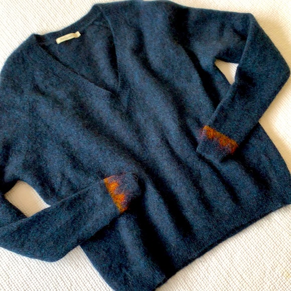 Mes Demoiselles Sweaters - Mes Demoiselles Navy Blue Yellow Orange sleeve Detail Mohair Wool Soft Sweater